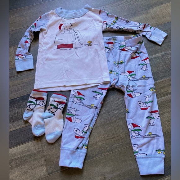 Hanna Andersson Snoopy Christmas Long John PJs Pajamas size 80 organic - Picture 1 of 3